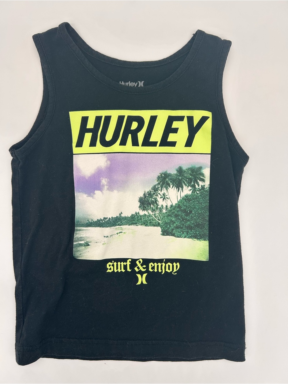 Hurley Kids' Black Graphic Tank Top - Neon Yellow Surf Print Size 5-6 YRS